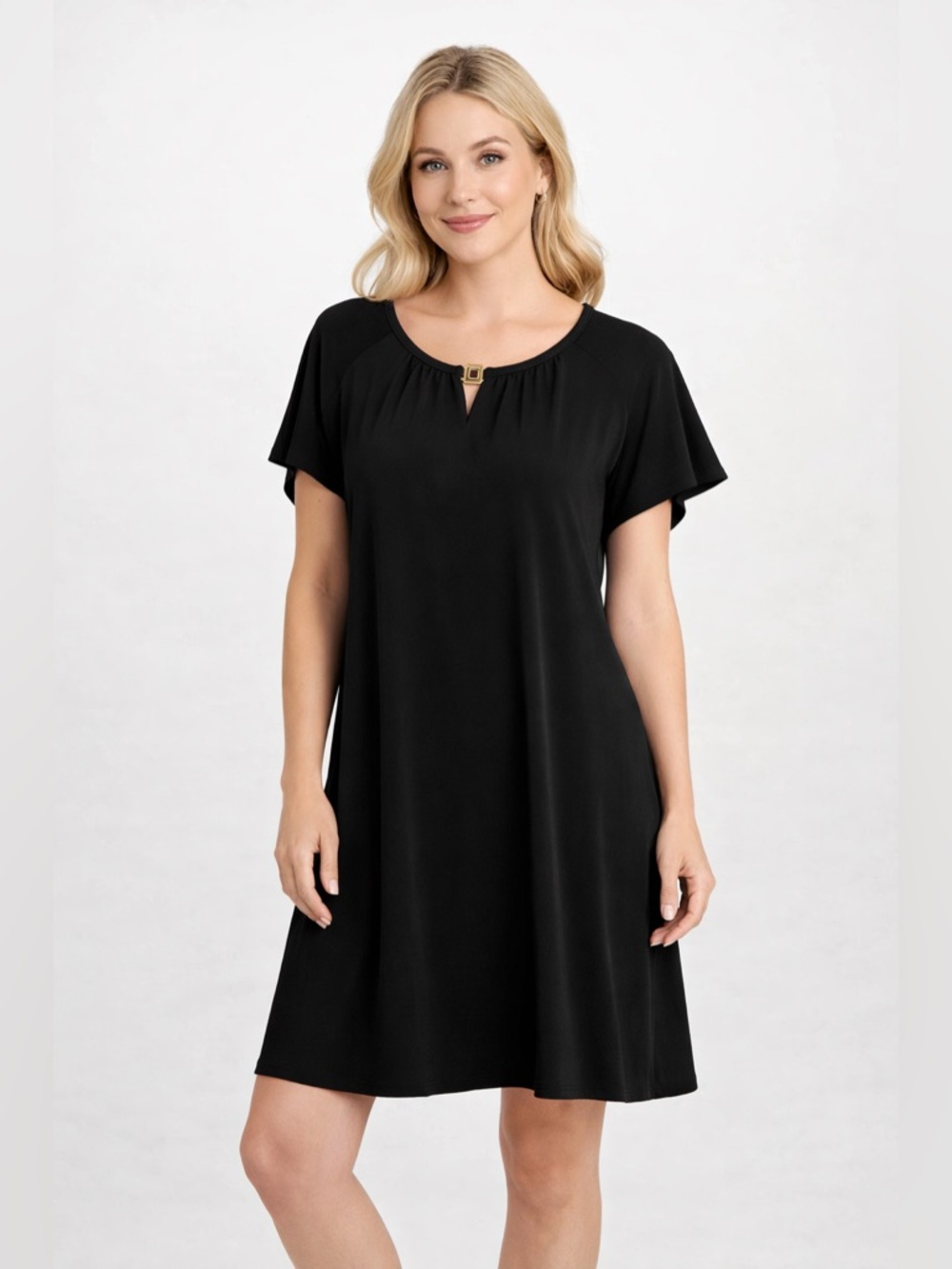 Susan Graver Liquid Knit Black Shift Dress Flutter Sleeve Gold Hardware XL